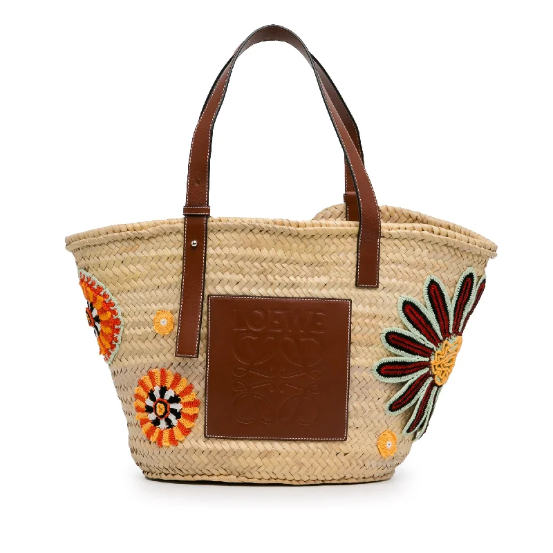 Brown LOEWE Large Floral Embroidered Raffia Basket Tote