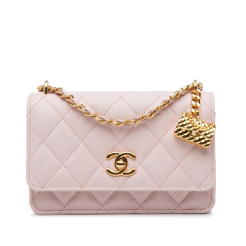 Pink Chanel Caviar Flap Charm Wallet on Chain Crossbody Bag