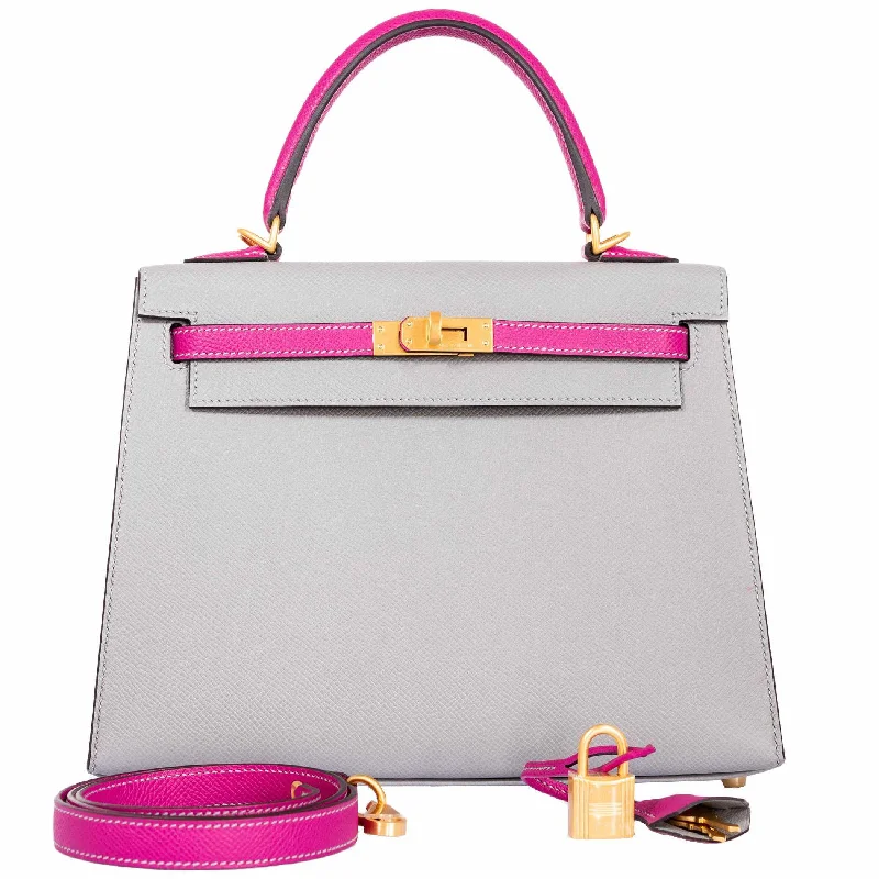 Hermès Kelly 25 Sellier HSS Bi-Color Gris Mouette And Magnolia Epsom Brushed Gold Hardware