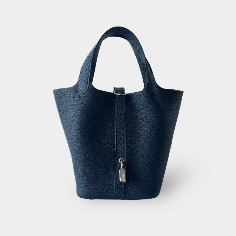 Hermes Picotin Lock Bag 18 In Bleu de Prusse (Blue) Clemence Leather And Palladium Hardware