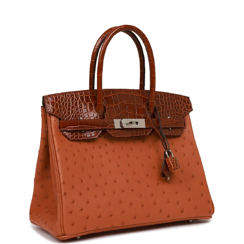 Hermes Birkin 30 Cognac and Miel Shiny Alligator and Ostrich Touch Palladium Hardware