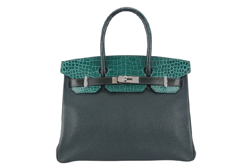 HERMES BIRKIN 30 PATCHWORK EMERALD GREEN, VERT TITIEN, VERT FONCE, MALACHITE, ROSE AZALEE INTERIOR, SILVER HARDWARE POROSUS, EPSOM, CHEVRE, CLEMENCE, BOX WITH DUST COVER