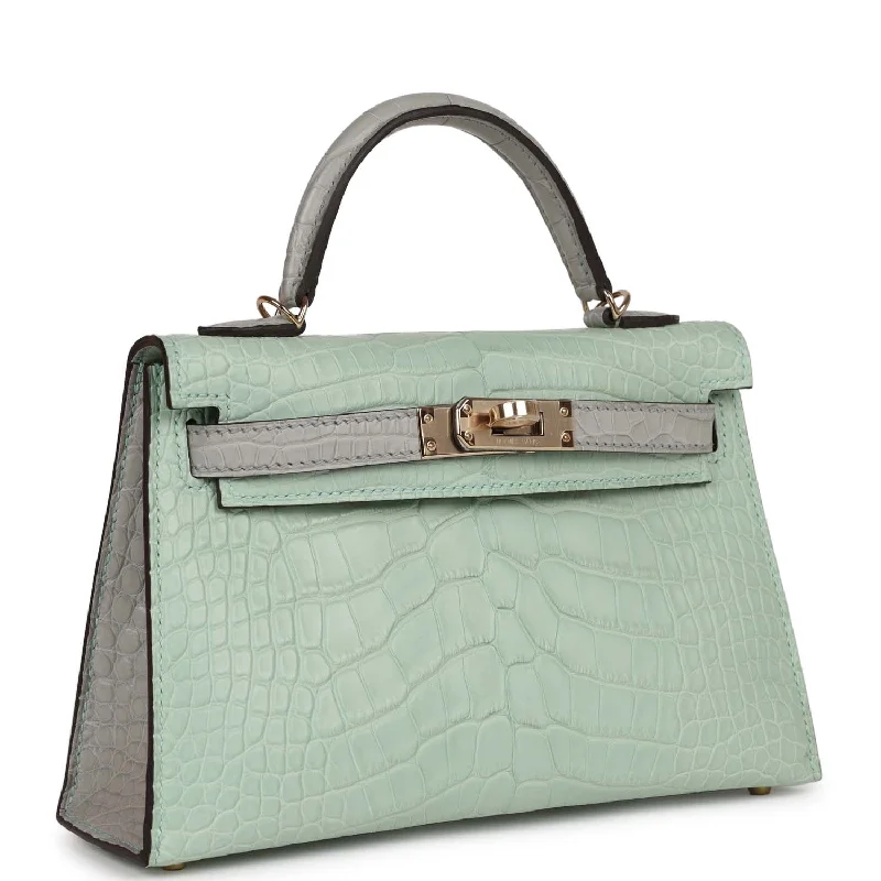 Hermes Special Order (HSS) Kelly Sellier 20 Vert D'Eau and Gris Perle Matte Alligator Permabrass Hardware