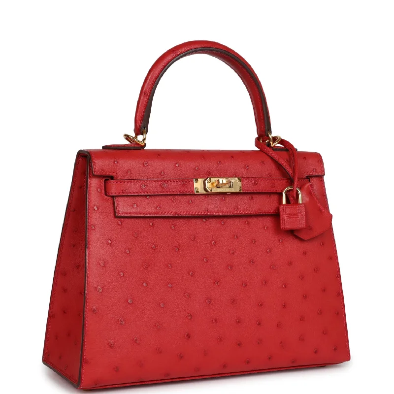 Hermes Kelly Sellier 25 Rouge Vif Verso Ostrich Gold Hardware