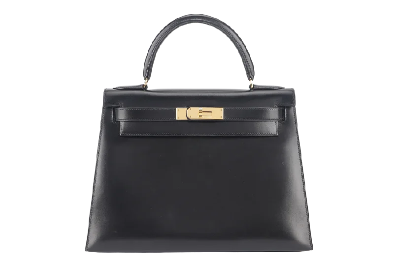 HERMES KELLY 28 VINTAGE SELLIER STAMP U CIRCLE (YEAR 1991) BLACK BOX LEATHER GOLD HARDWARE WITH STRAPS, LOCK&KEYS AND DUST COVER