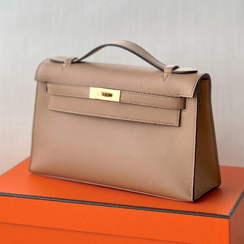 Hermes Kelly Mini Clutch In Chai Swift Leather And Gold Hardware