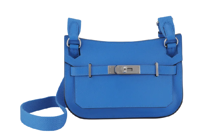 HERMES MINI JYPSIERE STAMP W (YEAR 2024) BLUE HYDRA EVERGRAIN LEATHER SILVER HARDWARE WITH STRAPS, DUST COVER AND BOX