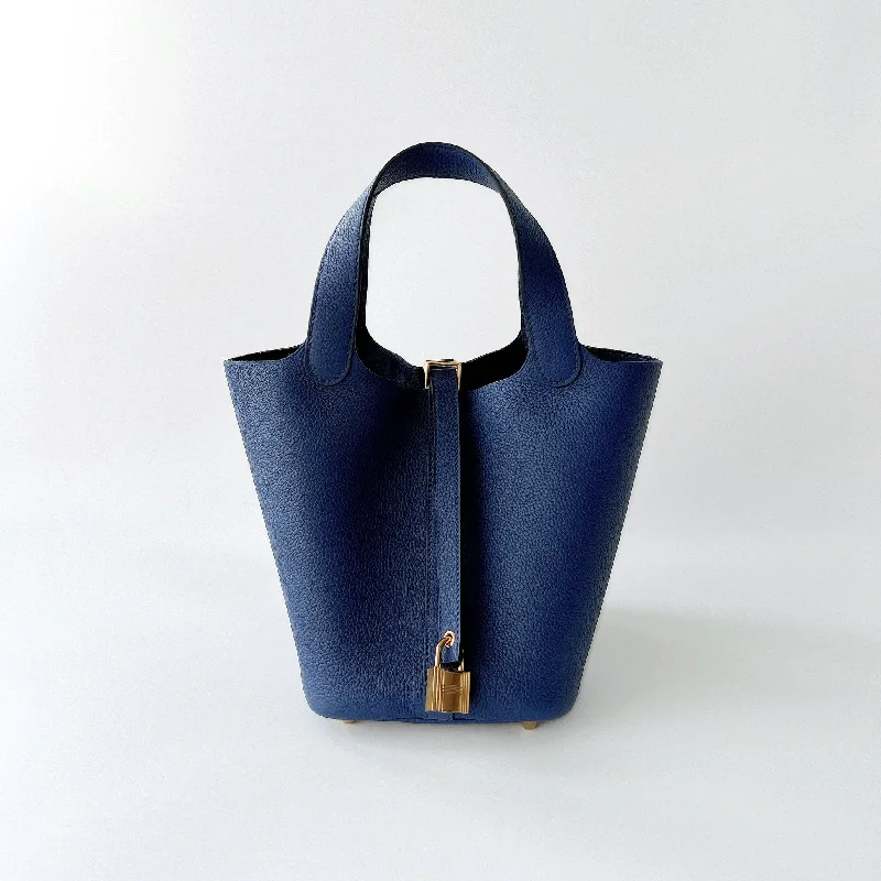 Hermes Picotin Lock Bag 18 In Bleu Saphir Leather And Gold Hardware