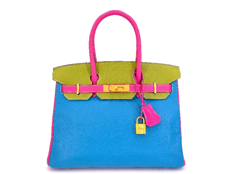 Hermès Special Order Chèvre 30cm Birkin Brushed Gold HW Pink Green Blue Bag D6T