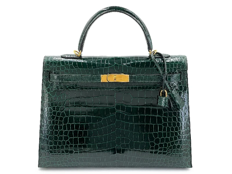 Hermès Vert Cypress Shiny Porosus Crocodile Kelly Bag Sellier 35cm 24k GHW Dark Green XYJ