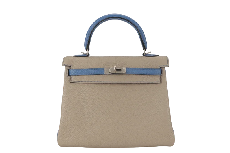 HERMES KELLY 25 HSS GRIS TOURTERELLE MYKONOS TOGO WITH BRUSHED SILVER HARDWARE STAMP P (2012) WITH LOCK&KEYS AND STRAPS