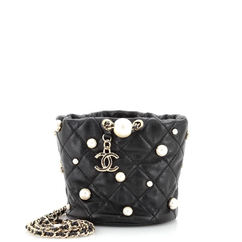 Drawstring Round Bucket Bag Pearl Embellished Quilted Lambskin Mini